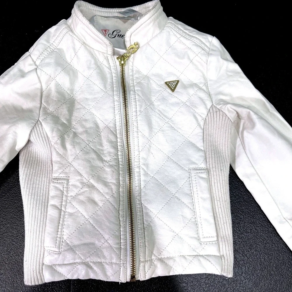Guess Jacket Girls 4 White‎ Faux Leather Quilted Moto Rhinestone Logo Gold Zip